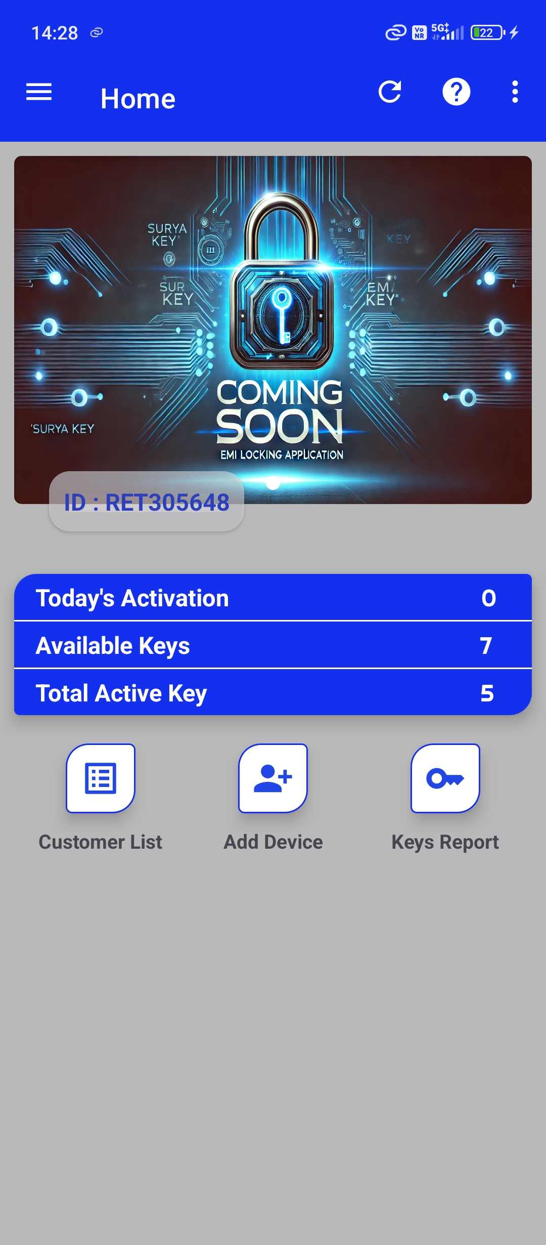 Surya Key EMI Locking Application dashboard screenshot showing device status and controls with dark theme UI