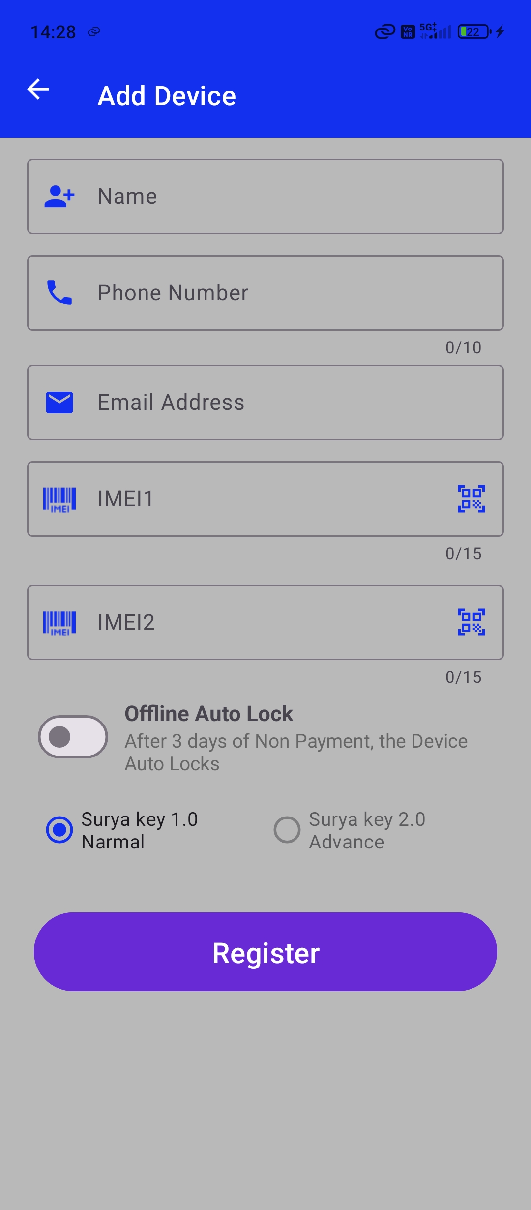 Surya Key lock/unlock control screen screenshot with toggle buttons and device list in dark mode